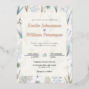 Teal Nordic Floral Wedding Elegant Minimal Foil Invitation