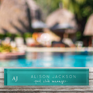 Teal ocean blue pool club manger name monogram desk name plate
