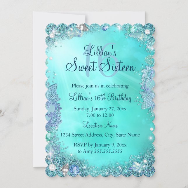 Teal Ocean Jewel Sweet 16 Birthday Invitation (Front)