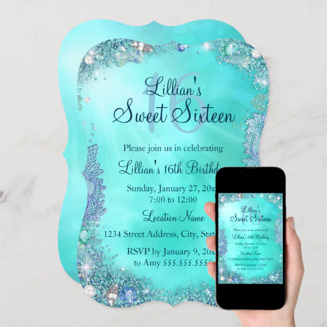 Teal Ocean Jewel Sweet 16 Birthday Invite Zazzle