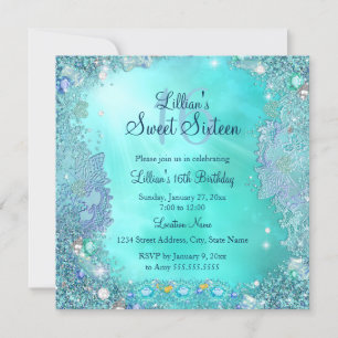 Teal Ocean Jewel Sweet 16 Birthday Party 2 Invitation