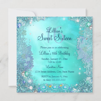 Teal Ocean Jewel Sweet 16 Birthday Party 2 Invitation