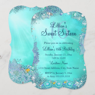 Teal Ocean Jewel Sweet 16 Birthday Party 2 Invitation
