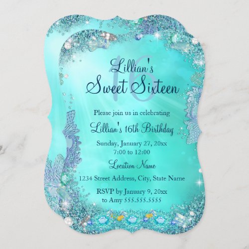 Teal Ocean Jewel Sweet 16 Birthday Party 2 Invitation