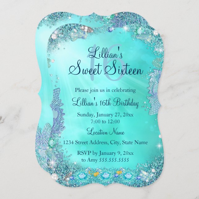 Teal Ocean Jewel Sweet 16 Birthday Party 2 Invitation (Front/Back)