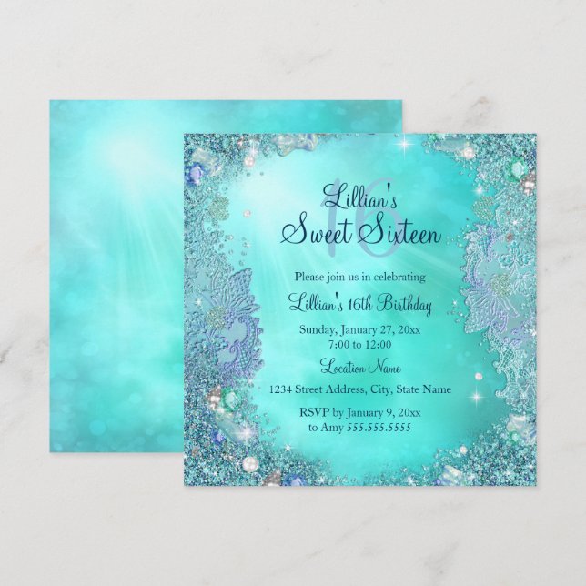Teal Ocean Jewel Sweet 16 Birthday Party Invitation (Front/Back)
