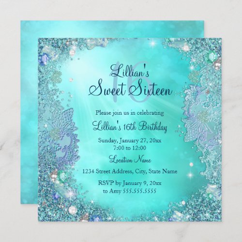 Teal Ocean Jewel Sweet 16 Birthday Party Invitation