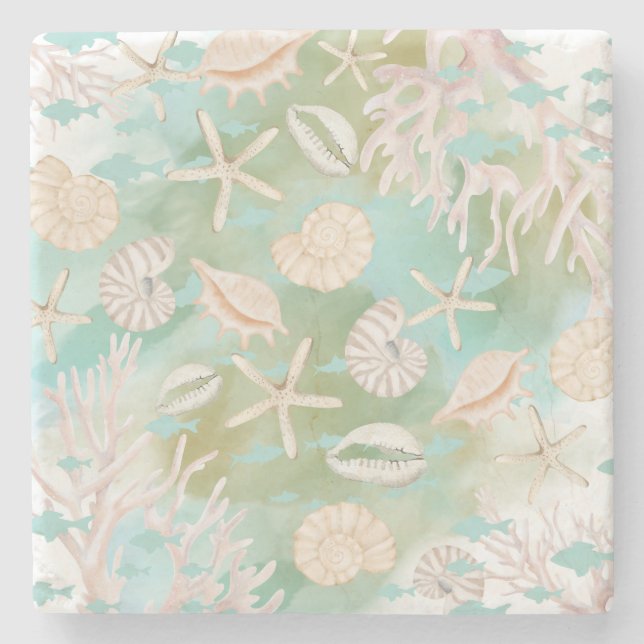 Teal Ocean Seashells Beachy Pattern Stone Coaster (Front)