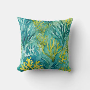 Teal Ocean Seaweed Coral Beachy Nautical Throw Pillow