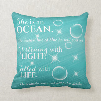 Teal Ocean Themed Poem With White Typography Throw Pillow