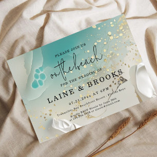 Teal Ocean Tide & Gold Ethereal Shoreline Wedding Invitation