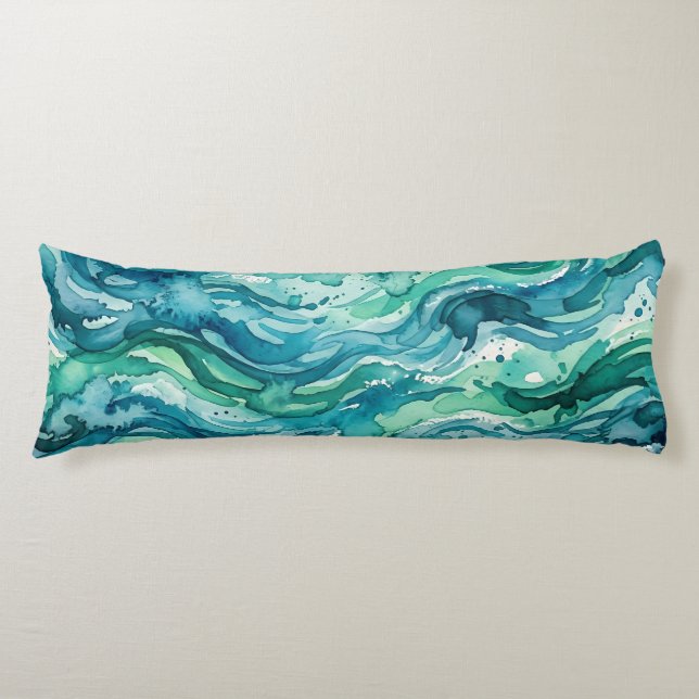 Teal Ocean Watercolor Abstract Pattern Body Pillow (Front)