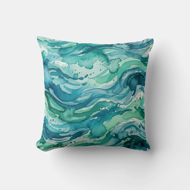 Teal Ocean Watercolor Abstract Pattern Throw Pillow (Front)