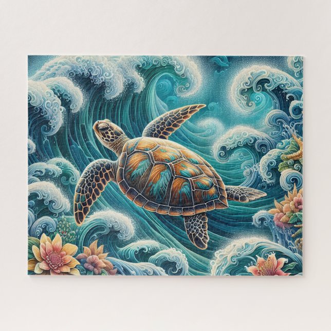 Teal Ocean Wave With  Turtle Jigsaw Puzzle (Horizontal)