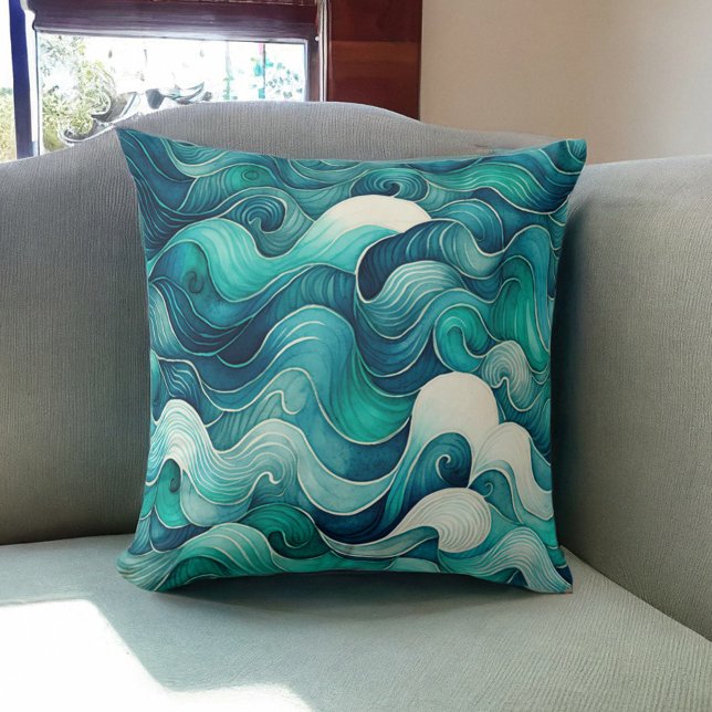 Teal Ocean Waves Beach House Throw Pillow (Creator Uploaded)