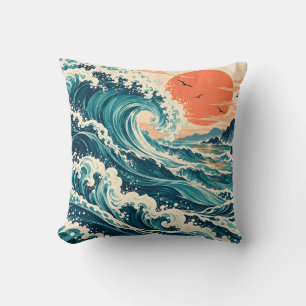 Teal Ocean Waves Coral Sun Throw Pillow