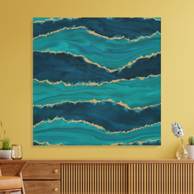 Teal Ocean Waves with Gold Accents Canvas Print (Insitu(LivingRoom))
