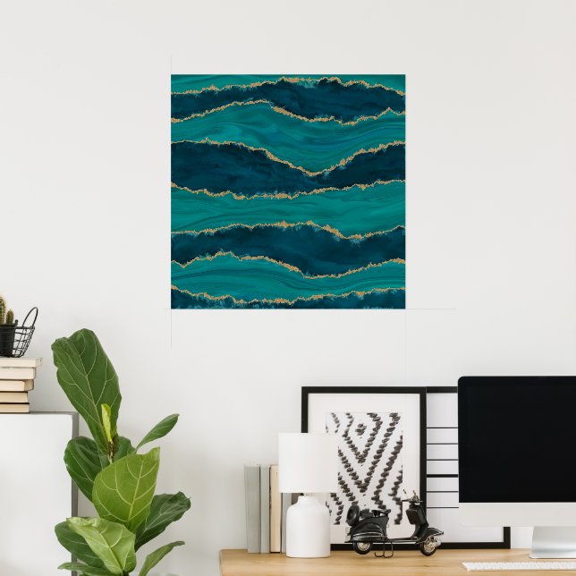 Teal Ocean Waves with Gold Accents Poster (Home Office)