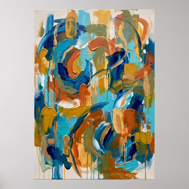 Teal Ochre Abstract Brushwork Poster (Front)