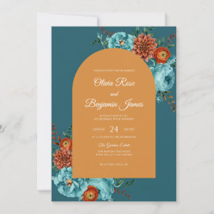 Teal Ochre Dahlia Wedding Invitation