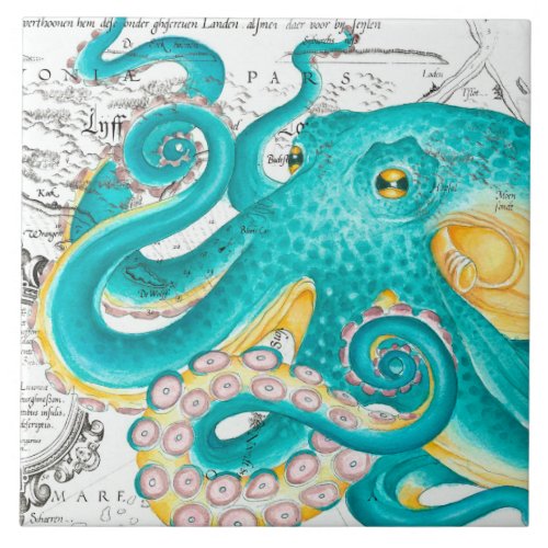 Teal Octopus Nautical Map Watercolor Ceramic Tile