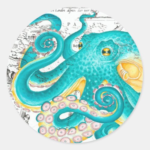 Teal Octopus Nautical Map Watercolor Classic Round Sticker