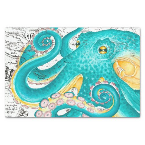 Teal Octopus Nautical Map Watercolor Tissue Paper