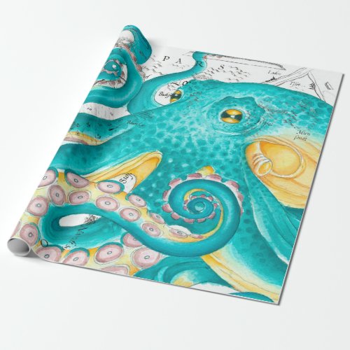 Teal Octopus Nautical Map Watercolor Wrapping Paper