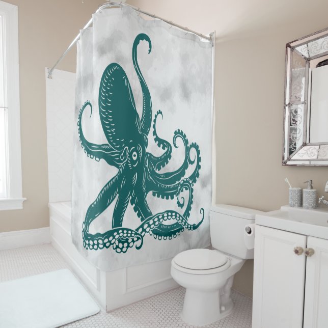 Teal Octopus on Antique Background Shower Curtain (In Situ)