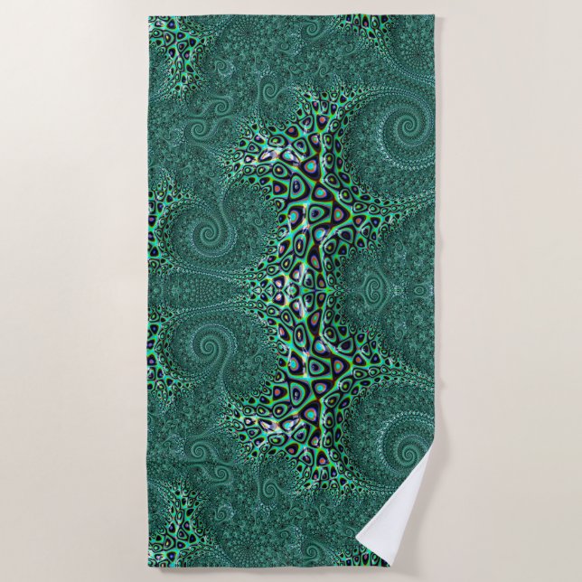 Teal Octopus Spiraling Tentacles Fractal Abstract Beach Towel (Front)