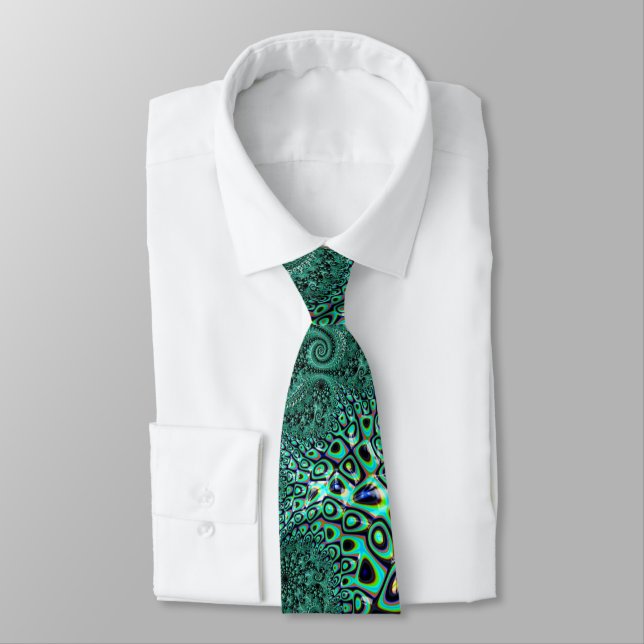 Teal Octopus Tentacles Steampunk Style Fractal Art Neck Tie (Tied)
