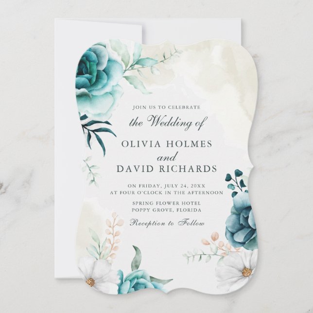Teal Off-White Wildflowers Photo Wedding Invite (Front)