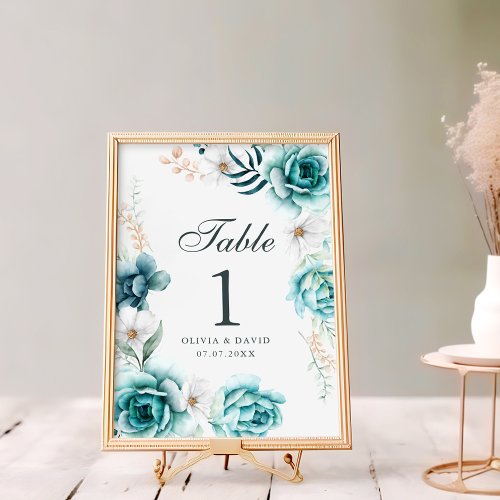 Teal  Off_White Wildflowers Wedding Table Number