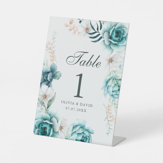 Teal & Off-White Wildflowers Wedding Table Number Pedestal Sign (Front)