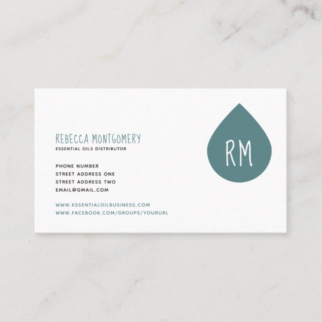 Teal Oil Drop Initials Pattern Essential Oils Business Card (Front)