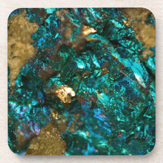 Teal Oil Slick and Gold Quartz Drink Coaster (Front)