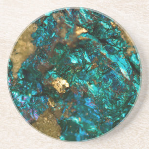 Teal Oil Slick and Gold Quartz Sandstone Coaster