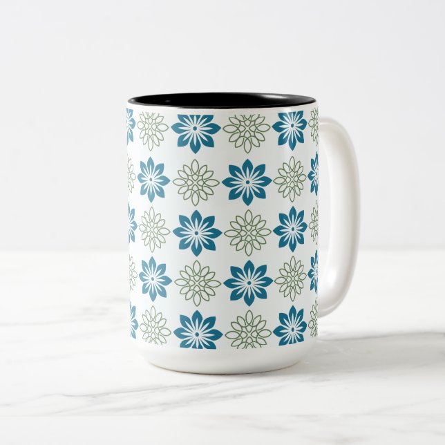 Teal & Olive Green Geometric Floral Two-Tone Coffee Mug (Front Right)