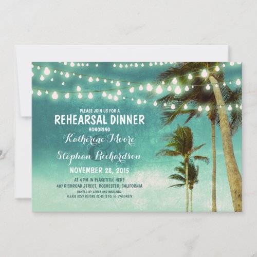 teal ombre beach rehearsal dinner string lights invitation