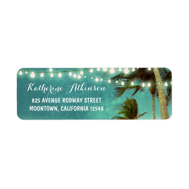 teal ombre beach wedding address labels with palms (Front)