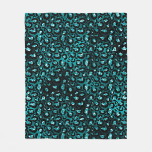 Teal Ombre & Black Glam Glitter Leopard Spots Fleece Blanket