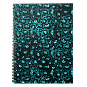 Teal Ombre & Black Glam Glitter Leopard Spots Notebook