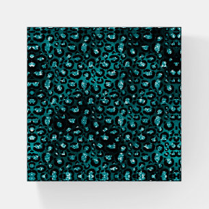 Teal Ombre & Black Glam Glitter Leopard Spots Paperweight