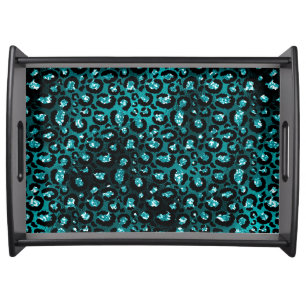 Teal Ombre & Black Glam Glitter Leopard Spots Serving Tray