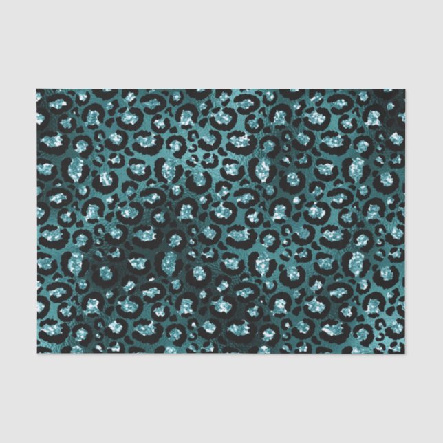 Teal Ombre & Black Glam Glitter Leopard Spots Tissue Paper (Front)