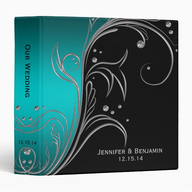 Teal Ombre Black Silver Floral Scrolls Photo Album 3 Ring Binder (Front/Spine)