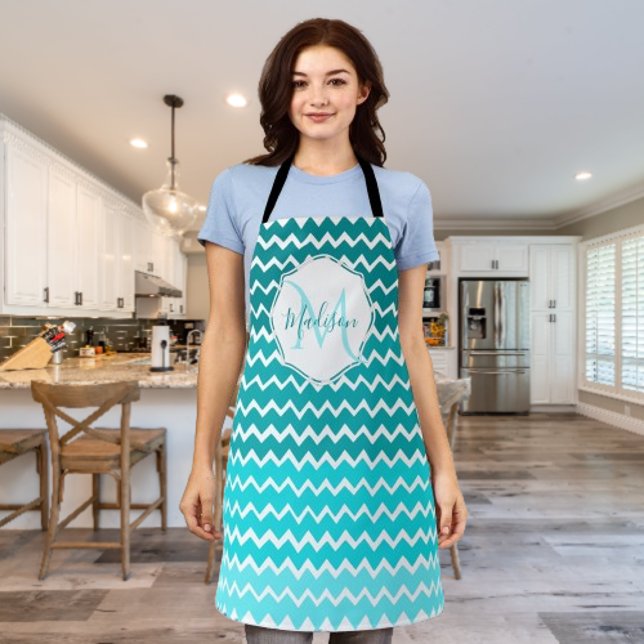 Teal Ombre Chevron Personalized Apron (Teal Ombre Chevron Personalized Apron)