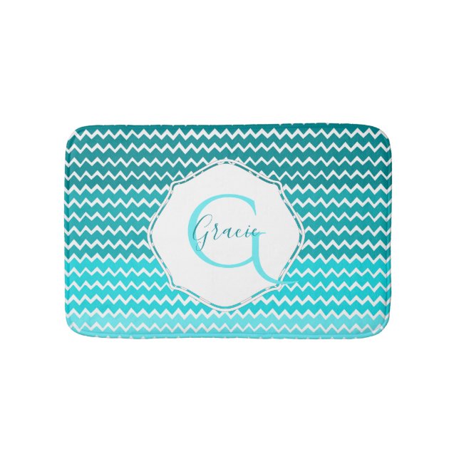 Teal Ombre Chevron Personalized Bath Mat (Front)