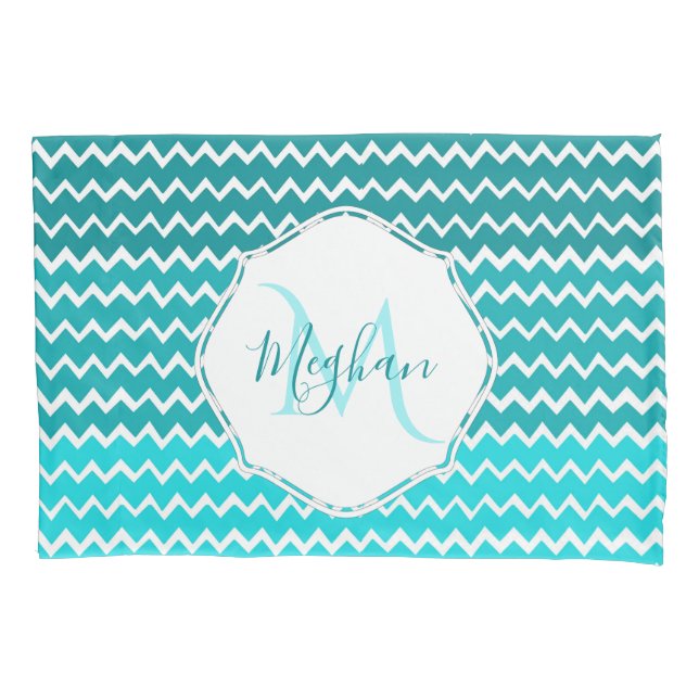 Teal Ombre Chevron Personalized Pillowcase (Front)