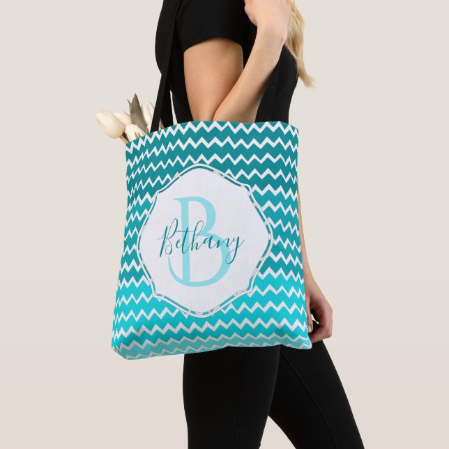 Teal Ombre Chevron Personalized Tote Bag (Close Up)